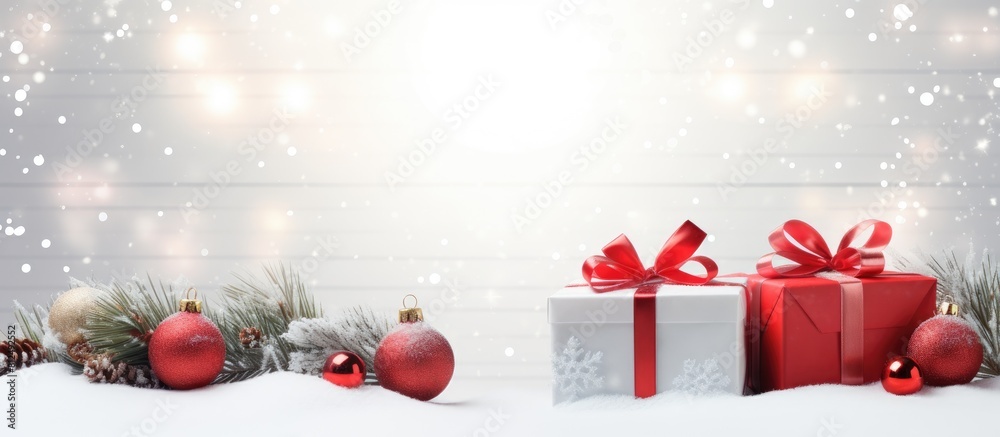 Poster a festive gift with winter themed decorations displayed on a white wooden backdrop creating a cheerf