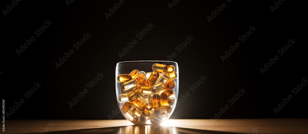 Poster a small cup filled with medicine capsules providing ample copy space for displaying the image