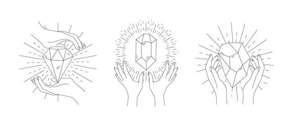Hand hold diamond jewels. Line isolated elements. contour gemstones. Esoteric symbol. Female with treasure brilliants. Quartz natural minerals. Logotype design. Emblem or label. Vector illustration