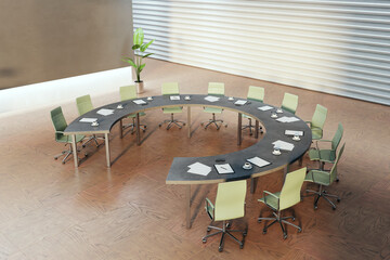 Modern concrete meeting room interior with round table. Boarding room concept. 3D Rendering.