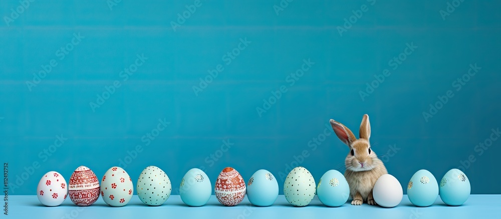 Aufkleber A creative flat lay featuring a row of Easter eggs accompanied by a bunny set against a blue background The image offers copy space and is viewed from the top