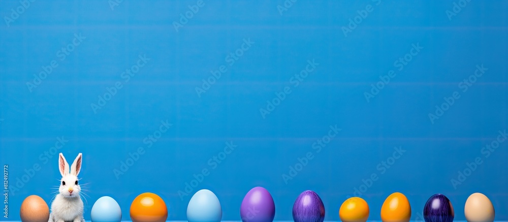 Leinwandbilder a creative flat lay featuring a row of easter eggs accompanied by a bunny set against a blue backgro
