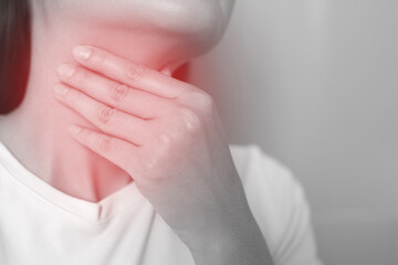 concept of health problems woman sore throat with flu