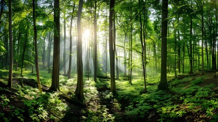 Naklejka premium sun rays through the forest