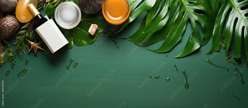 Poster a flatlay composition with a variety of body care items including tropical leaves on a colorful back