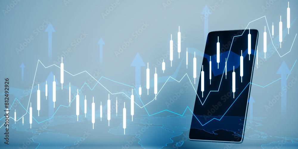 Poster close up of mobile phone with creative growing candlestick forex chart with arrow on dark background