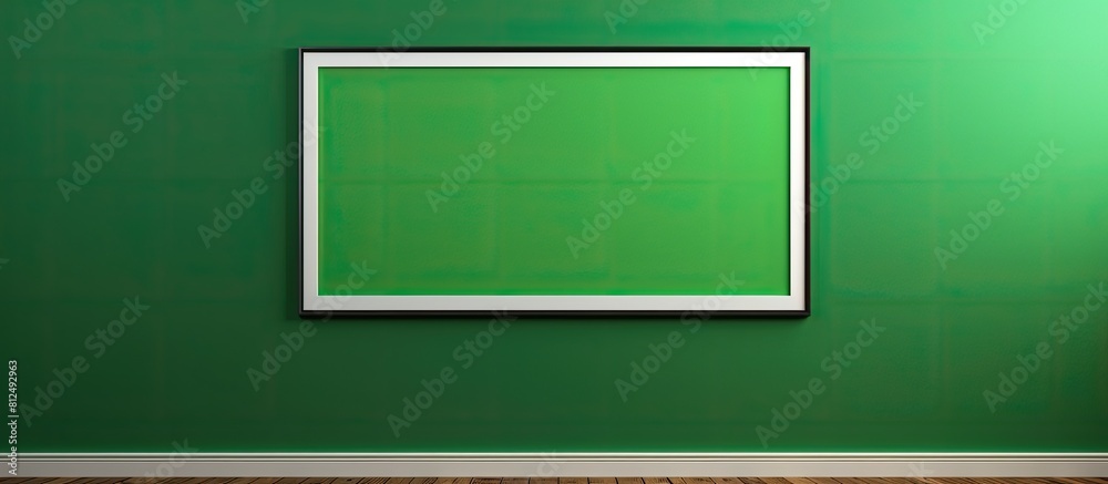 Poster the framed picture on the wall features a green screen to easily incorporate content such as images 