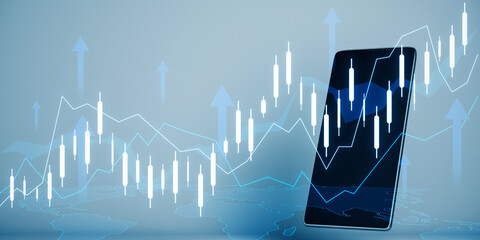 Close up of mobile phone with creative growing candlestick forex chart with arrow on dark...