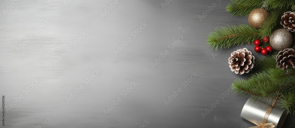Aufkleber From above you can see a Christmas table with silver decorations fir branches and a gray background There is empty space for text in the image. Creative banner. Copyspace image