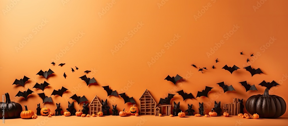 Poster From above there is a view of a bulletin board decorated with spooky wooden blocks and paper bat mice on an orange background The image provides copy space and conveys the concept of the Halloween ho