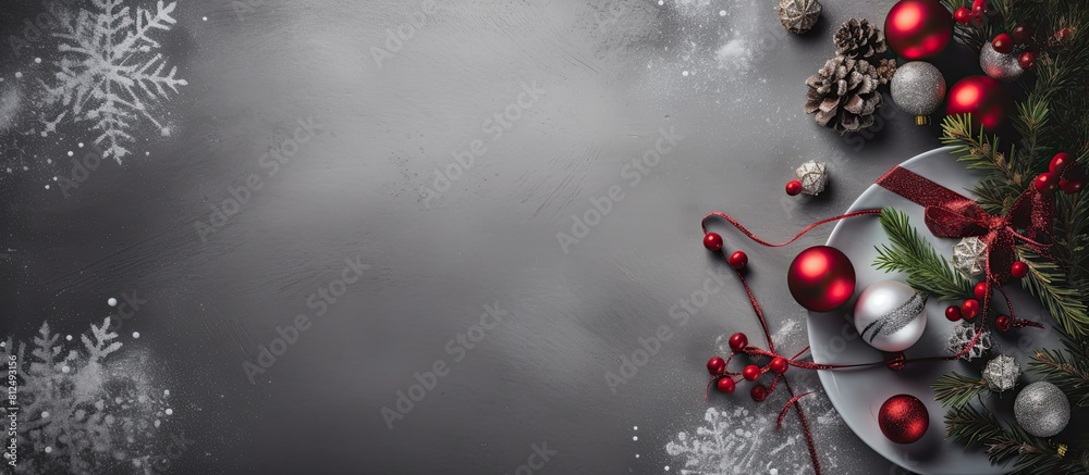 Aufkleber From above you can see a Christmas table with silver decorations fir branches and a gray background There is empty space for text in the image. Creative banner. Copyspace image