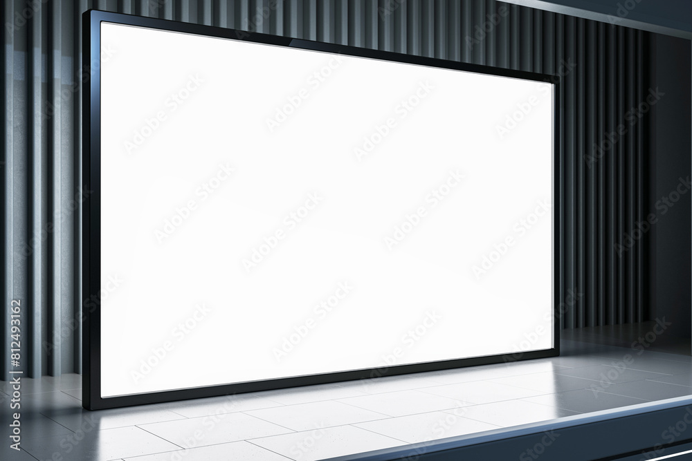 Poster minimalist presentation room with large digital screen and grey curtains. 3d rendering