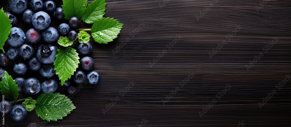 Poster from above a collection of fresh blueberries and black berries are displayed on a wooden table green