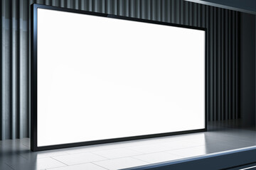 Minimalist presentation room with large digital screen and grey curtains. 3D Rendering