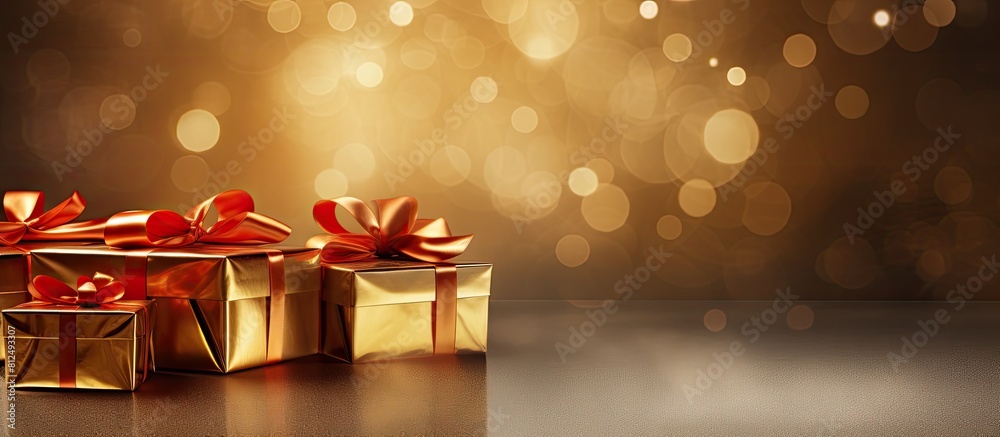 Leinwandbilder gold gift boxes with red ribbons stacked on a textured metallic gold background providing ample spac
