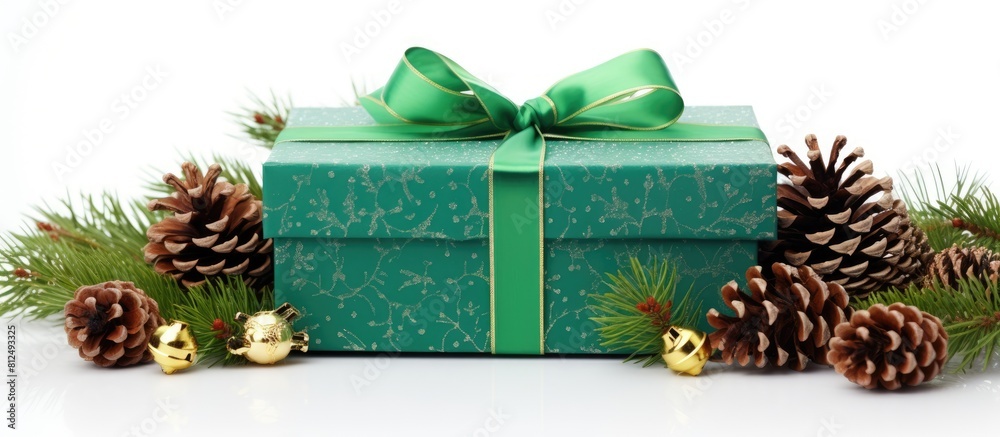 Poster a festive green gift box with christmas holiday elements is displayed on a white background adorned 