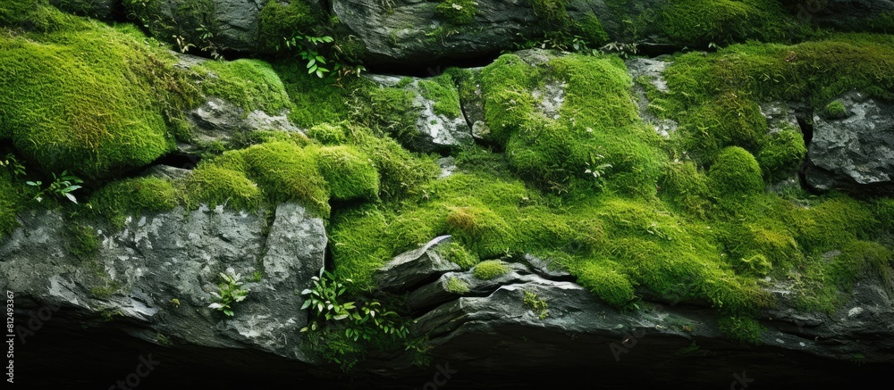 Aufkleber Geological theme background with a close up copy space image of a textured natural rock covered in lush green moss and lichen