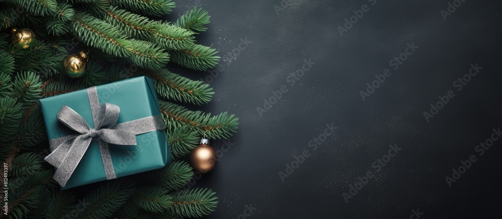 Poster top view composition of holiday gifts in a green box intertwined with ropes and a fresh fir tree bra