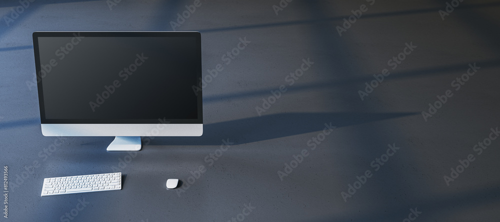 Poster Close up of empty mock up computer monitor on wide gray background. Minimalistic designer desktop concept. 3D Rendering.