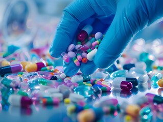 Pills arranged in a row and scattered in a glass, possibly for medication or vitamins