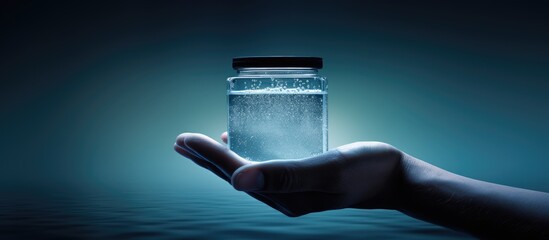 A male person grasping a container of water with a blank area in the image for written or visual content. Creative banner. Copyspace image - Powered by Adobe