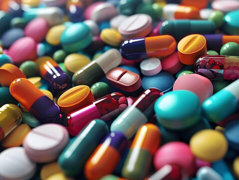 Close-up shot of assorted pills and capsules, some possibly medication or vitamins
