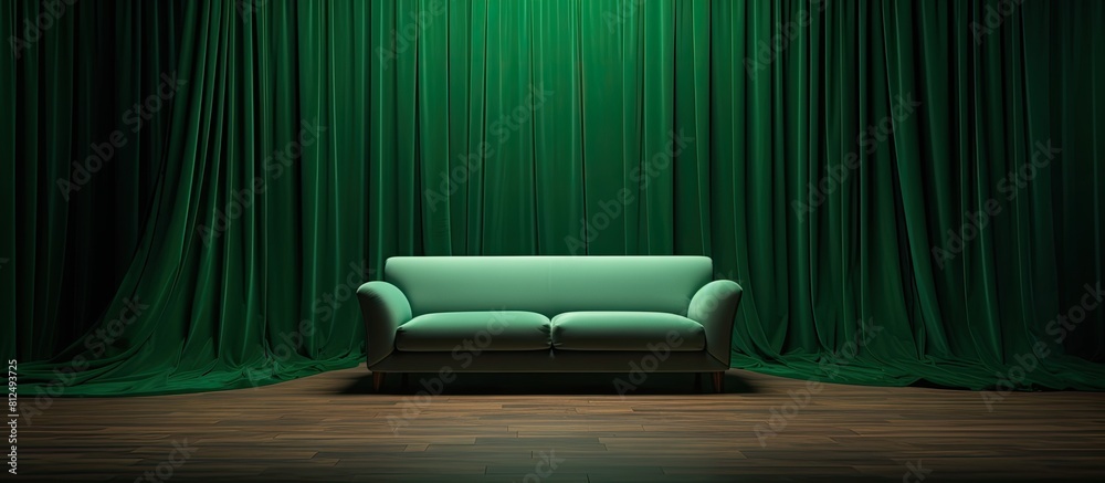 Poster In a green room there is a gray fabric sofa located beside a wooden curtain In the front there is a table This image has ample copy space