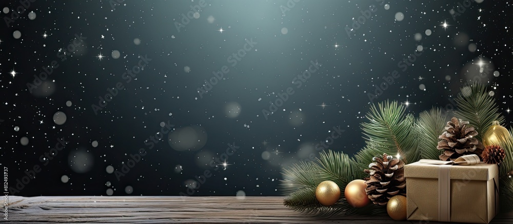 Aufkleber the christmas greeting card features gift boxes a branch of a fir tree and a wooden texture backgrou