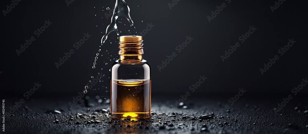 Poster a dark grey background with a drop of essential oil providing ample copy space for images
