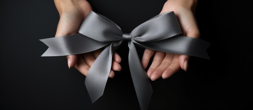 A gray ribbon symbolizing awareness for brain cancer tumors allergies asthma management and diabetes prevention Bow held in hand with a white background Copy space image