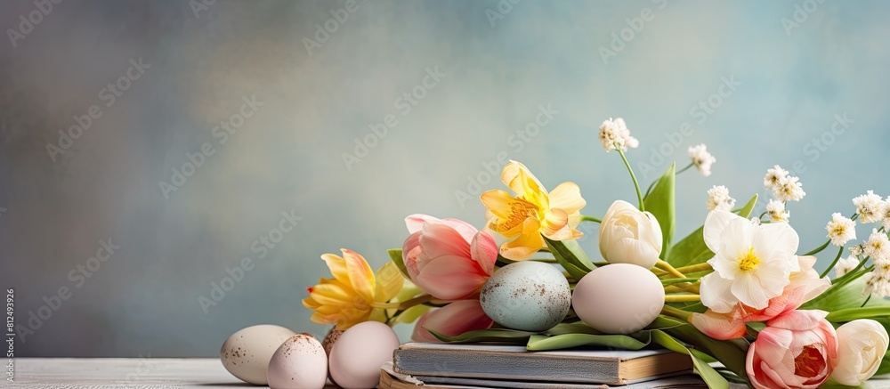Poster happy easter concept with pastel and colorful easter eggs resting on a nest surrounded by a beautifu