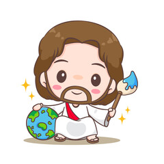 Cute Jesus Christ cartoon character creating the earth. Hand drawn Chibi character, clip art, sticker, isolated white background. Christian Bible for kids. Mascot logo icon vector art illustration