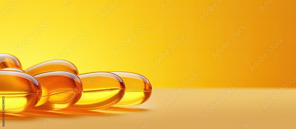 Aufkleber A high resolution close up image of numerous Omega 3 capsules placed on a yellow background portraying a health care concept There is ample copy space in the image