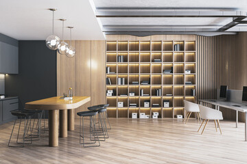 Modern wooden and concrete office interior with bookcase and kitchen. 3D Rendering.