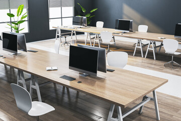 New bright wooden and concrete coworking office interior with panoramic window and city view, furniture and decorative plants, blinds. 3D Rendering.