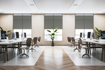 Minimalistic wooden and concrete coworking office interior with panoramic window and city view, furniture and decorative plants, blinds. 3D Rendering.