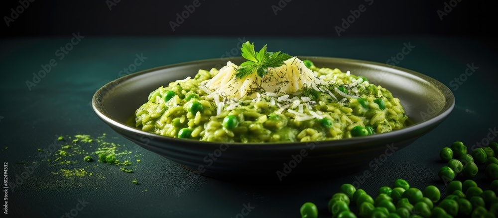 Poster a bowl of homemade creamy green pea risotto photographed from above with plenty of space for text on