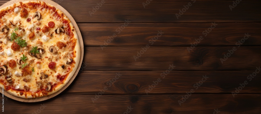 Aufkleber a homemade pizza topped with cheese is placed on a wooden table creating a flat lay view the image p