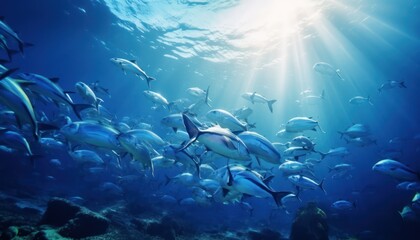 Fototapeta premium Groups of giant Tuna fish in the underwater, coral reef, amazing underwater life, various fish and exotic coral reefs, ocean wild creatures background