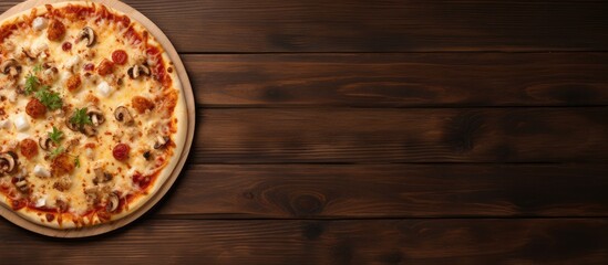 A homemade pizza topped with cheese is placed on a wooden table creating a flat lay view The image provides copy space