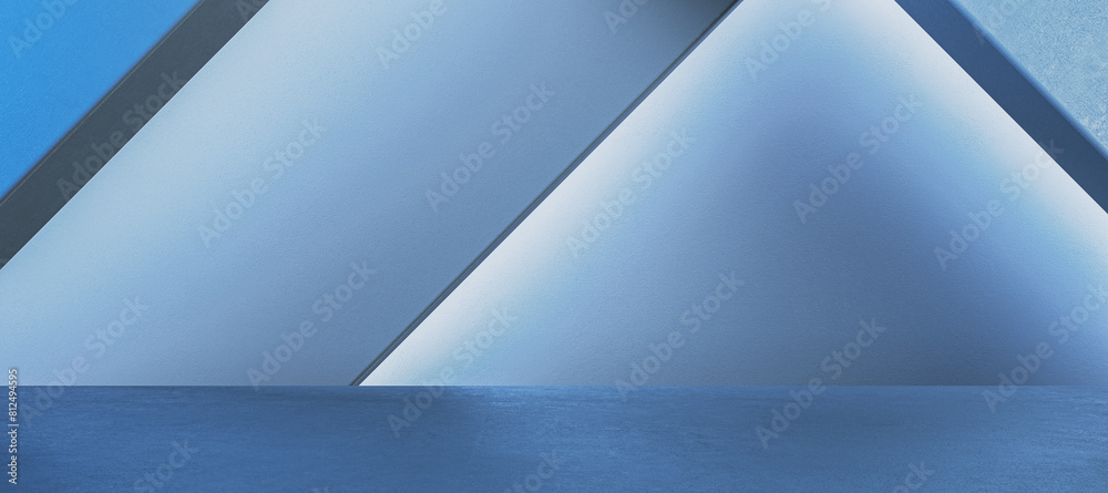 Poster Clean blue triangular gallery wall with mock up place. Museum concept. 3D Rendering.