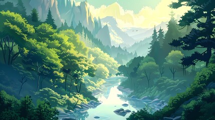 A peaceful woodland scene with a winding river snaking through a valley, flanked by towering mountains and dense clusters of trees in varying shades of green, creating a scene of natural tranquility