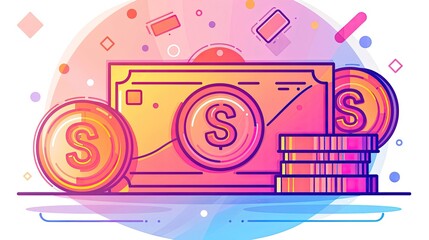 A colorful drawing of a stack of coins and a bill with the letter S on it