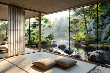 Minimalist meditation room with a single floor cushion and a shoji screen overlooking a Japanese garden.