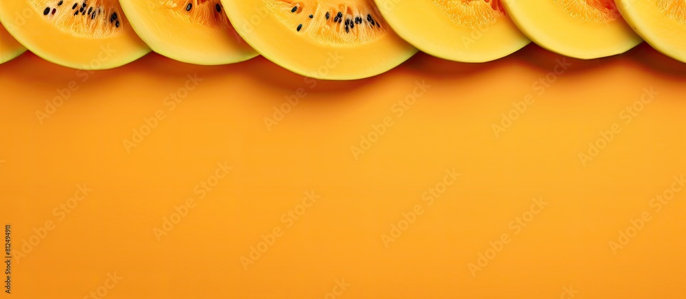 Aufkleber Copy space image of a fresh melon slice arranged artistically on an orange background The flat lay offers a captivating top view creating a visually appealing banner