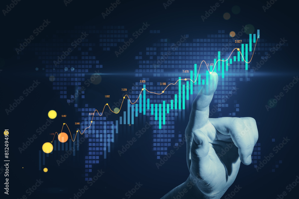 Poster Digital graphs and charts being analyzed by a hand, symbolizing data analysis on a dark digital background, concept of financial growth