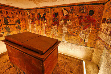 Sarcophagus of Pharoah Tutankhamun with wall reliefs from the Book of the Dead inside the famous...