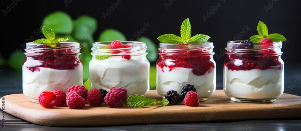 Poster copy space image of healthy summer food concept featuring jars of natural yogurt topped with berry s