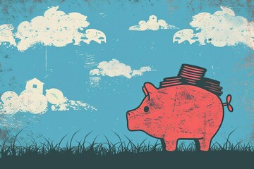 Design a minimalist illustration of a piggy bank overflowing with coins, symbolizing the concept of saving and financial abundance