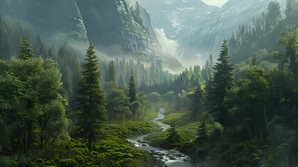 A peaceful woodland scene with a meandering stream flowing through a valley, flanked by towering...